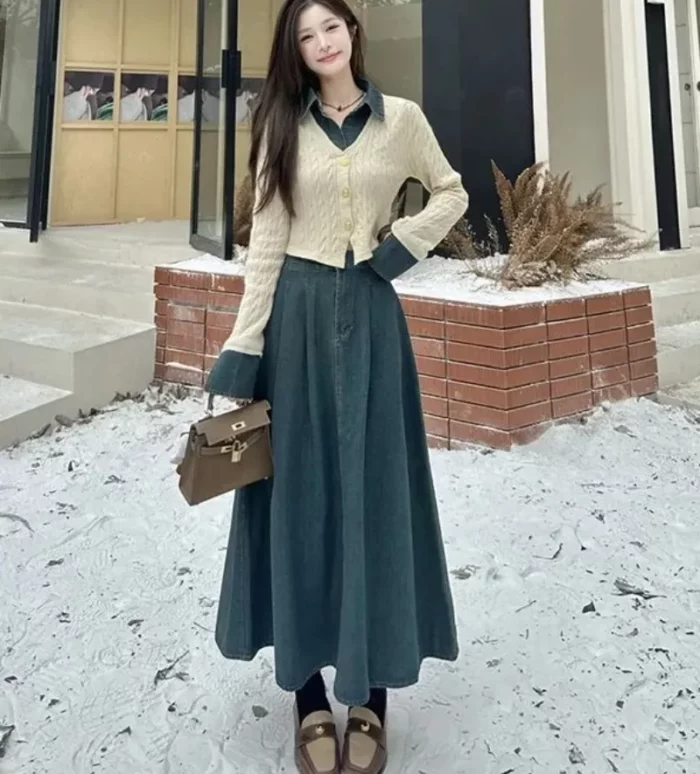 Mùa Thu Chân Váy Jean Dài Phối Với Áo Len Hoặc Áo Blazer